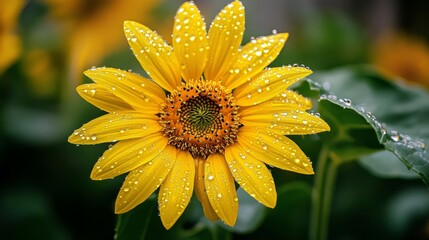 Poster - A single sunflower with dew drops on its bright yellow petals, captured in the morning light, with the droplets adding a fresh and lively touch.