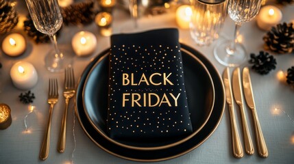 Poster - A black friday themed dinner table with a black napkin and a black plate