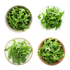 Canvas Print - Fresh ripe green arugula isolated on white, set