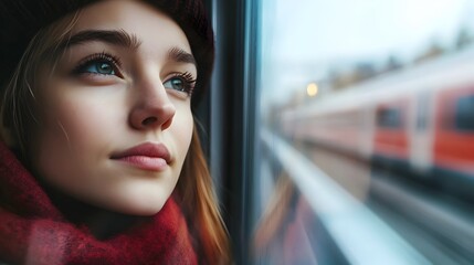 Poster - Close up portrait of a woman s thoughtful expression as she gazes out of a train window the blurred scenery rushing by outside providing ample visual space for text or design elements