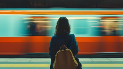 Poster - Close up portrait of a woman standing alone on a train platform with a blurred high speed train passing by in the background