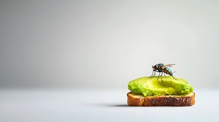 Poster - Close up Shot of a Fly Perched on a Slice of Avocado Toast Captured in a Minimalist Style with Soft Shadows and Bright Clean Lighting for a Healthy Organic and Artful Food Concept