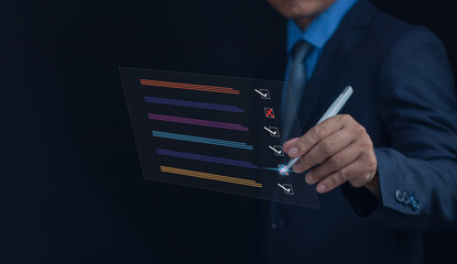 Poster - Assessment form, questionnaire and Document Management System DMS Concept , Businessman Uses Check Mark Pen for Filling Out Online Survey or Checklist , Performance Assessment with Virtual Screen