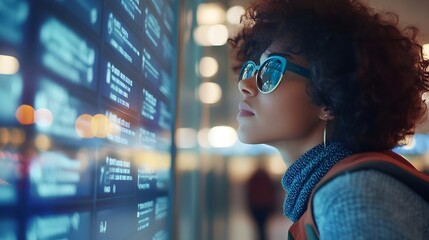 Poster - Close up shot of a woman s head and shoulders as she checks the flight schedule at a modern clean airport terminal with bright lights reflected in the glass ample space for text overlay