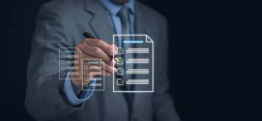 Poster - Assessment form, questionnaire and Document Management System , Businessman Uses Pen to Check Mark on Paper for Filling Out Online Survey or Checklist , Performance Assessment with Virtual Screen