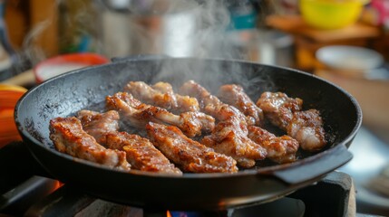 Sticker - A sizzling skillet of fried pork ribs being served directly from the pan, with steam rising and a vibrant kitchen backdrop, highlighting the delicious preparation process.