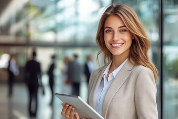 Young happy businesswoman holding digital tablet outside of modern building, businesspeople in background, Generative AI