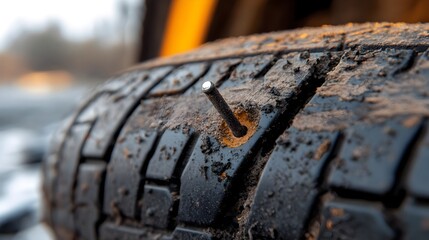 Poster - Close up view of a heavily worn and damaged tire tread with a nail sticking out highlighting the need for immediate repair to prevent flat tire and ensure safe driving