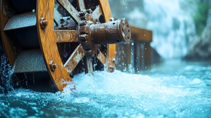 Poster - Close up view of a large wooden water wheel turning rapidly in a fast moving river capturing the power of the flowing water to generate renewable electricity or mechanical energy