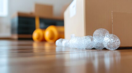 Poster - Close up view of a partially open moving box on a hardwood floor with bubble wrap and packing paper spilling out showcasing the supplies and materials used for relocation and home organization