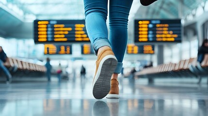 Aufkleber - Close up view of a woman confidently walking through a bright and spacious airport terminal with travel signs and boarding gates visible in the background