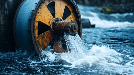 Poster - Close up view of a traditional water wheel turning in a fast flowing river generating clean renewable power from the natural motion and force of the water current