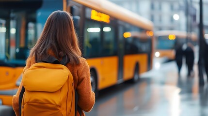 Aufkleber - Close up view of a woman s back as she walks toward a bus at the bustling station with multiple buses lined up and passengers boarding in the background