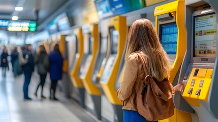 Poster - Close up view of a woman standing at a ticket kiosk in a busy train station with rows of ticket machines and passengers queuing in the background  The scene features a clean