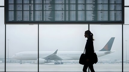 Poster - Close up view of a woman walking past an airport departure board her face turned slightly away as planes can be seen through the large windows of the modern clean terminal