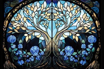 A stained glass window painting in the Art Nouveau style, with flowing lines and floral motifs
