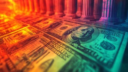 Aufkleber - A colorful image of a stack of US dollars with a rainbow background