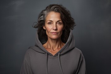 Wall Mural - Portrait of a glad woman in her 50s sporting a comfortable hoodie over plain cyclorama studio wall