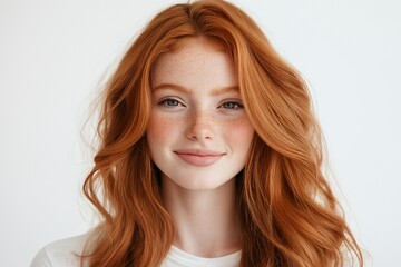 Wall Mural - Portrait of a young woman with red hair and freckles smiling at the camera.