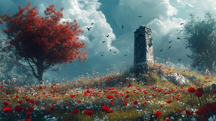 Canvas Print - Stone Monument in a Field of Red Flowers