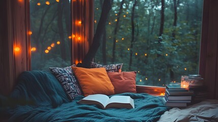 Poster - Cozy and Inviting Reading Nook Filled with Books Soft Pillows and a Weighted Blanket Creating a Serene and Calming Atmosphere for Relaxation and Unwinding
