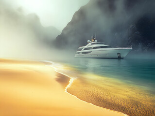 Poster - Serene Yacht in Misty Coastal Landscape