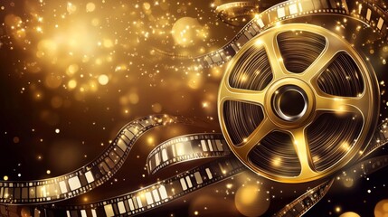 A festive banner with film strips, perfect for a movie award ceremony. It features a golden film reel, all in a vector illustration style.