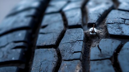 Poster - Detailed close up view of the worn and damaged tread of a tire showcasing the rubber texture and pattern with a protruding nail that needs to be repaired before further use