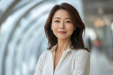 Canvas Print - Successful asian senior businesswoman leader standing over modern pathway background, Generative AI