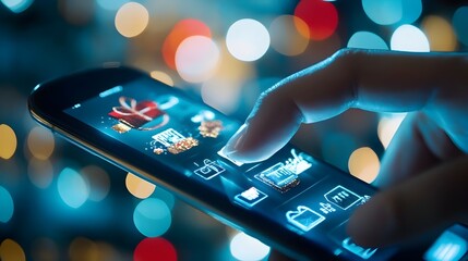 Poster - Digital hand swiping through a smartphone screen showing a list of sales and deals for Cyber Monday
