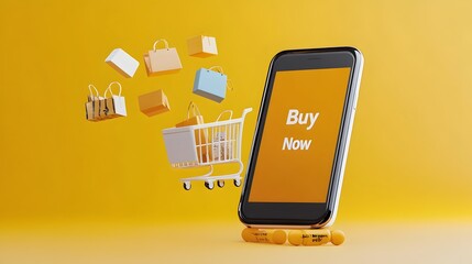 Poster - Digital representation of a smartphone screen showcasing a prominent Buy Now button with various products seemingly flying out of the screen