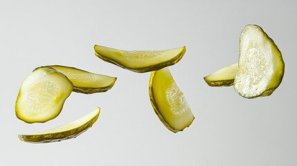 Wall Mural - A group of crunchy pickle slices, like they're floating in mid-air, against a plain white backdrop.