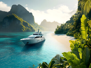 Poster - Luxury Yacht in Tropical Paradise at Sunset