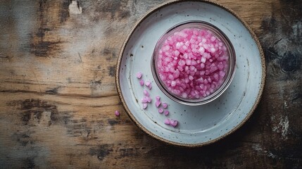 A jar of tiny pickled onions sits on a kitchen table, along with a small plate. The photo is taken from above.