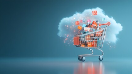 Poster - Floating digital shopping cart filled with glowing products and price tags symbolizing the convenience and discounts of online shopping in the modern digital marketplace