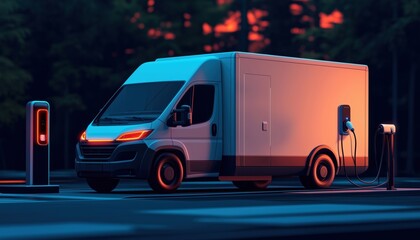 Electric Vehicle Charging Station With Background Of Delivery Van: Concept Of Sustainable Transportation And Eco-Friendly Technology