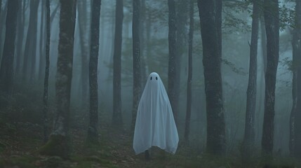 Aufkleber - Glowing ghostly costume made of shimmering fabric blending into the misty foggy atmosphere of a dark eerie forest  Supernatural mysterious and hauntingly beautiful