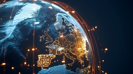 Fototapete - Glowing network of lines wrapping a globe symbolizing the interconnected nature of the modern global business landscape and the international required for growth and progress