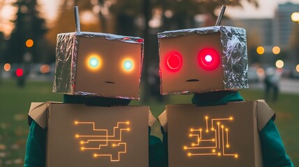 Poster - Handmade DIY Robot Costume Crafted from Recycled Cardboard Boxes and Aluminum Foil with Glowing Circuits and High Tech Aesthetic