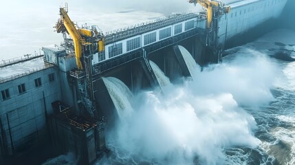 Aufkleber - Impressive hydroelectric dam with powerful water flow cascading through large turbines generating renewable and sustainable electricity for the power grid
