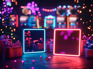 Two square neon frames, in the background there are many gift boxes, art style, beautiful lighting effects.