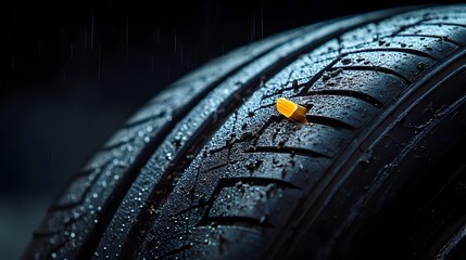Poster - Macro photography showcasing a flat tire with a slow air leak the nail still embedded in the rubber of the vehicle s wheel
