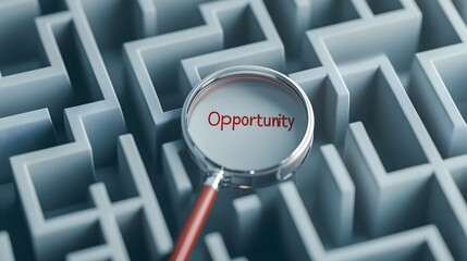 Aufkleber - Magnifying Glass Zooming In on the Word  Opportunity  in a Maze Symbolizing the Search for New Business Ventures and the of Growth Potential and Innovative Solutions