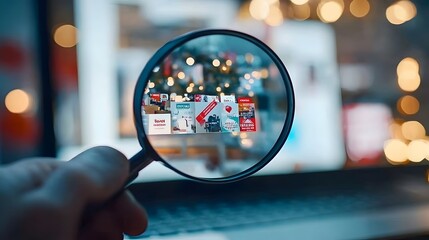 Poster - Magnifying Glass Zooming in on a Cyber Monday Sale Page Exposing Exciting Hidden Deals and Deep Discounts for Online Shoppers to Discover and Explore