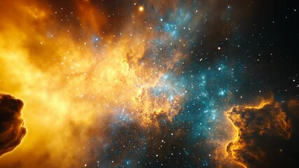 a vast nebula, with swirling clouds of gas and dust, glows with an orange and blue hue, illuminating
