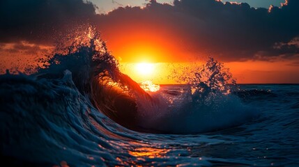 Poster - Majestic Tidal Wave Crashing Against the Shore at Sunrise with the Sun s Radiant Light Reflecting off the Powerful Foaming Water