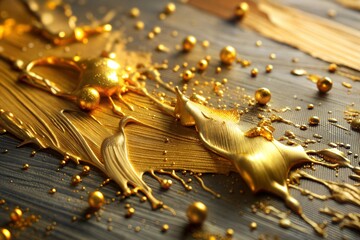 Poster - Glossy golden paint splatter on dark wooden surface close-up