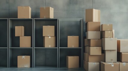 Poster - Minimalist Empty Bookshelf with Visible Dust and a Stack of Packed Boxes Waiting to be Moved to a New Location as Part of a Home Transition or Relocation Process