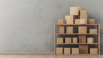 Aufkleber - Minimalist empty bookshelf with visible dust on the shelves and a stack of packed boxes ready for an upcoming move or relocation  Conceptual image representing organization decluttering