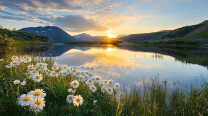 The first light of dawn casts a golden glow over a serene alpine lake, while wildflowers line the shore and majestic mountains stand in the background